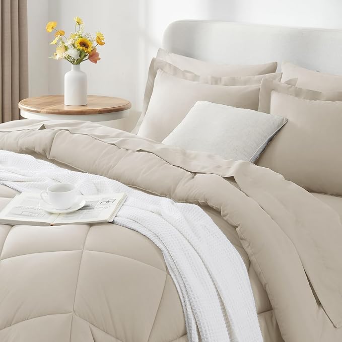 CozyLux King Size Comforter Set Beige - 7 Pieces Bed in a Bag King Luxury Soft Bed Set for All Seasons Bedding Set with Down Alternative Comforter Sheets Pillowcases &amp Shams