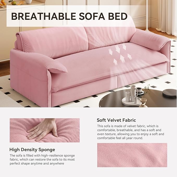 healthomse 66 Queen Size Sleeper Sofa Bed 3-in-1 Convertible Pull Out Sofa Bed with Side Storage Modern Velvet Loveseat for Living Room Bedroom Apartment Office Lounge (Dark Pink 66inch)
