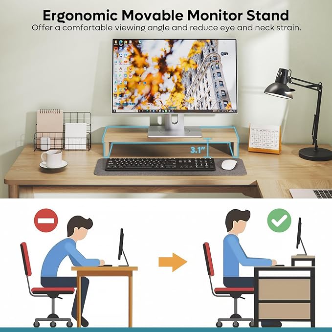 Bestier L Shaped Desk with File Drawer 55.7 x 55 Office Computer Desk with Round Corners Modern Desk with Monitor Stand &amp Fluted Panels for Home Office Natural Oak