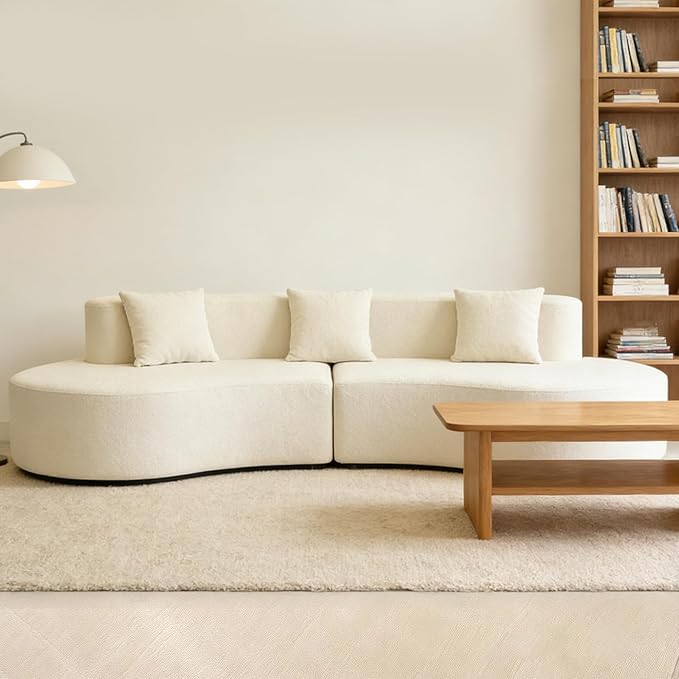 Modern Curved Sectional Sofa Couch 95 Beige - Cloud Fleece Upholstered 4-Seater Modular Boneless Couches for Living Room Office Apartment