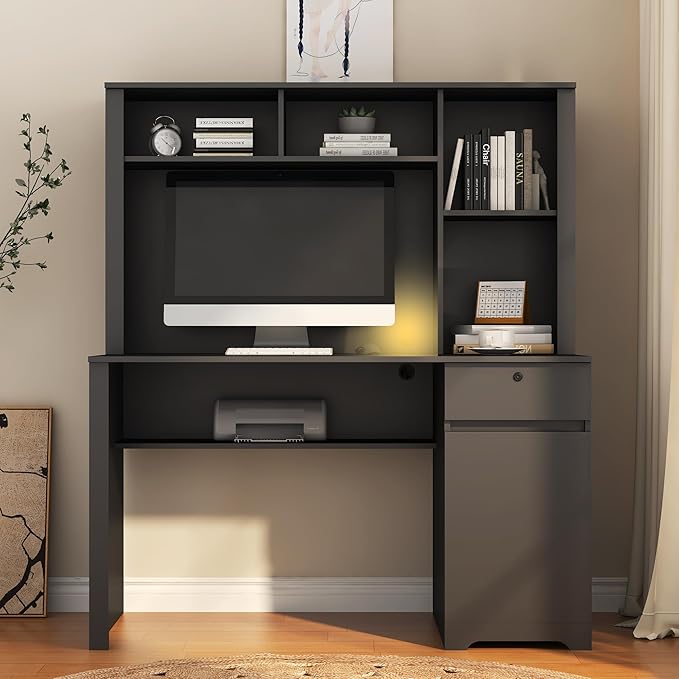 Computer Desk with Hutch and Drawers 50 Office Desk with Storage Shelves and Printer Stand Gaming Desk with Power Outlets &amp USB Charging Ports Sturdy Writing Workstation for Home (Black 51)