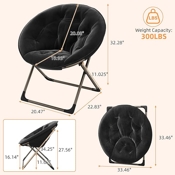 Saucer ChairFaux Fur Comfy Folding Chair with Folding Metal Frame Oversized Plush Flower Accent SeatLounge Moon Chair for Bedroom Dorm or Living RoomBlack