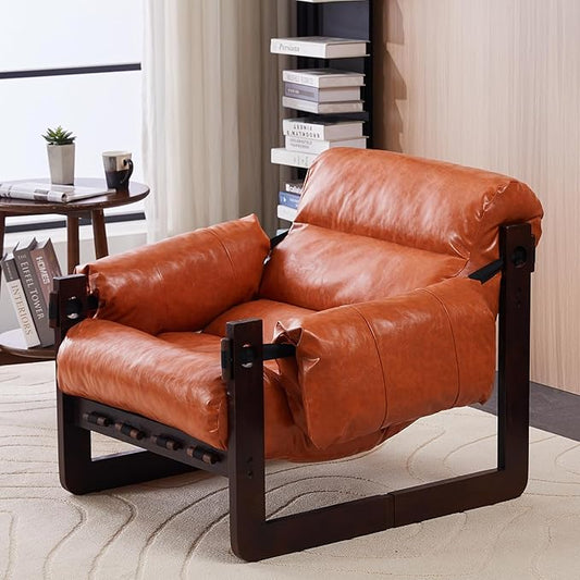 Mid-Century Modern Lounge Accent Chair Oil Waxed Leather Comfy Armchair with Thicked Cushion &amp Removable Armrests Upholstered Cozy Sofa Chairs for Living Room Bedroom Apartment Offices(Orange