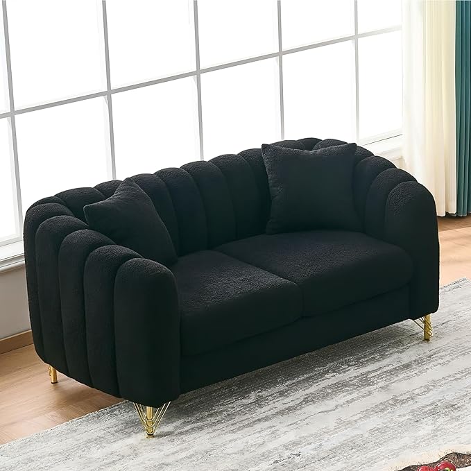Black Cloud Couch for Living Room 63.5 Modern Comfy Overstuffed Deep Seat Tufted Sofa with Gold Legs &amp Pillows Plush Teddy Boucle Upholstered Curved Loveseat Settee with Round Arm (Black 2 Sea