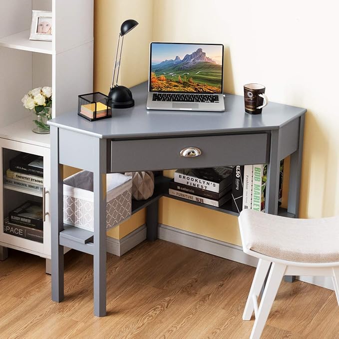 Tangkula Corner Desk Corner Computer Desk with Drawer for Small Space Small Corner Makeup Vanity Desk 90 Degrees Triangle Corner Desk with Storage Shelves (Grey)