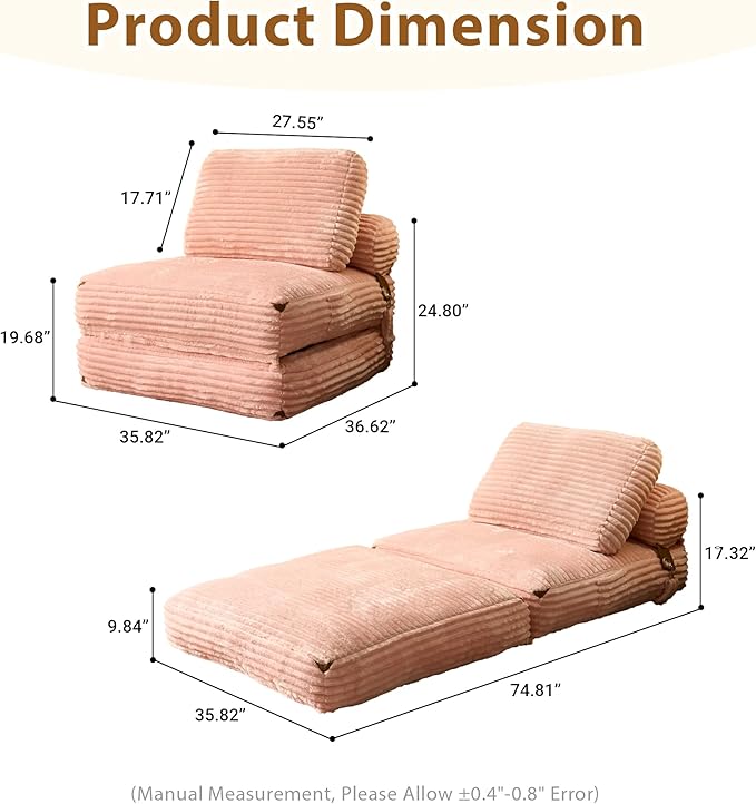 75'' Foldable Sofa Bed Convertible Sleeper Sofa with Pillow Boneless Corduroy Foldable Couch Bed Single Sleeper Chair for Small Spaces Living Room Bedroom StudioPink