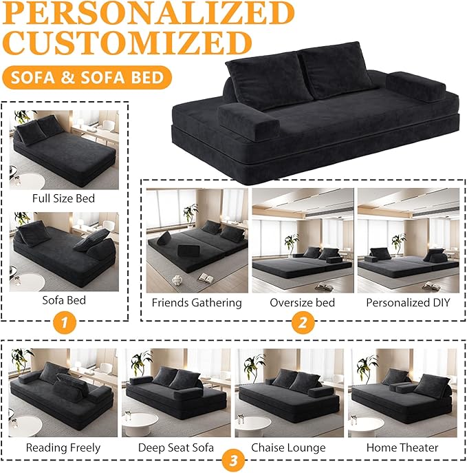 Futon Sofa Bed King Size Boneless Sleeper Sofa Oversized Chenille Foldable Couch Convertible Floor Couches Modern Folding Mattress Daybed for Gaming Living Room Apartment Dark Grey