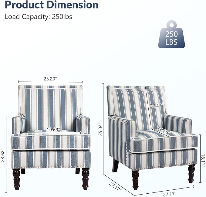 Rovibek Midcentury Modern Accent Chair - High Back Living Room Chairs Upholstered Armchair with Solid Legs Blue Striped Accent Chair for Living Room Bedroom Balcony