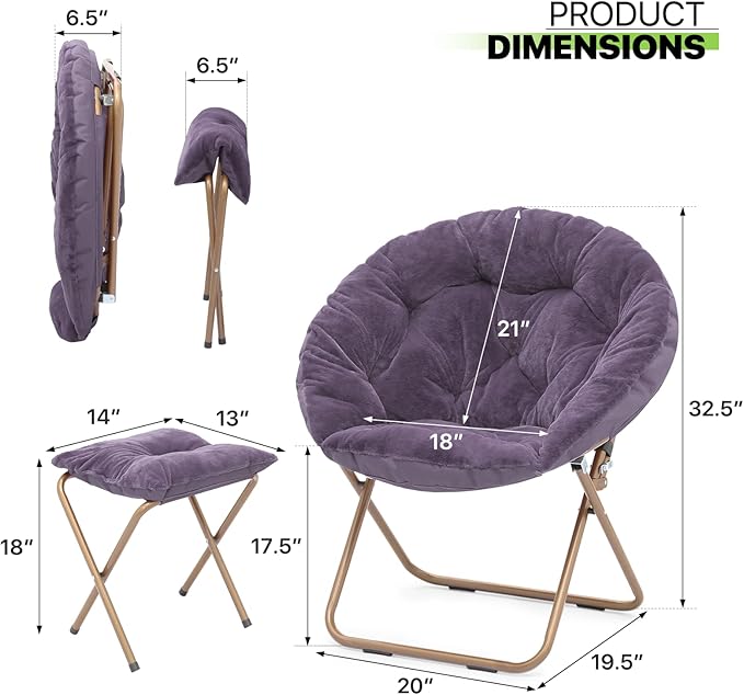 Magshion Folding Saucer Chair for Adults with Ottoman Circle Reading Chair for Bedroom Living Room &amp Dorm Furry Comfy Accent Seat with Metal Leg &amp Thick Padded for Small Spaces (Purple 2 P