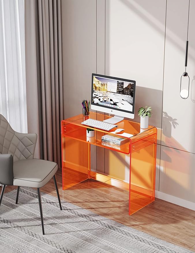 Acrylic Desk Laptop Study Table Home Office Console Table Entrance Tables 33.5'' x 15.7'' x 29.5'' (Orange)