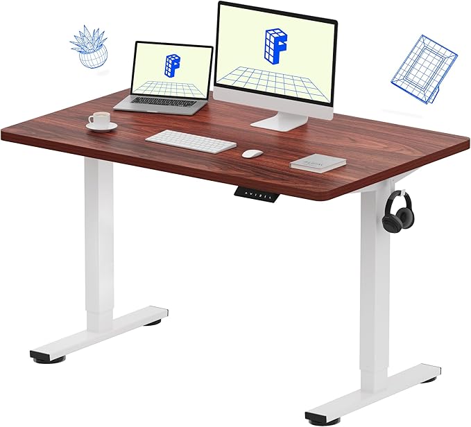 FLEXISPOT EN1 One-Piece Standing Desk with 1-Inch Thick Seamless Desktop 48x30 Electric Height Adjustable Desk for Home Office Multi-Monitor Setups &amp Easy Assembly Mahogany