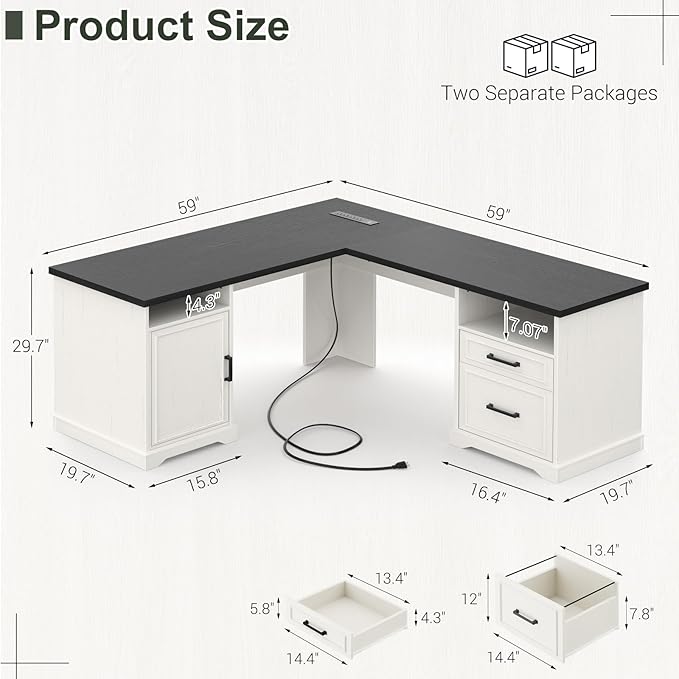 Unikito Farmhouse L Shaped Executive Desk with File Drawers 60 Corner Computer Desk with Power Outlets Large 2 Person Home Office Table with Storage Cabinet Sturdy Writing Desks White and Black