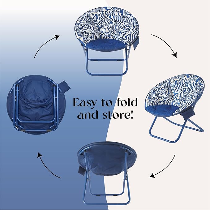 Urban Lifestyle Printed Back Micromink Saucer™ Chair with Navy Legs and Side Storage Pocket Blue and White Swirl
