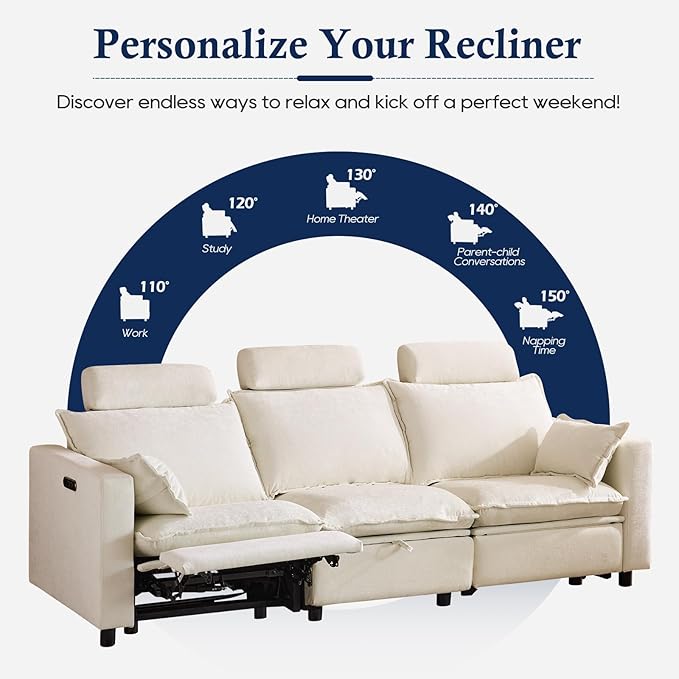Comfy Cloud Couch – Chenille Electric Reclining Sofa with Adjustable Headrest Modern Power Recliner with Middle Storage Deep Seat Sofa with Throw Pillows for Living Room (Cream)
