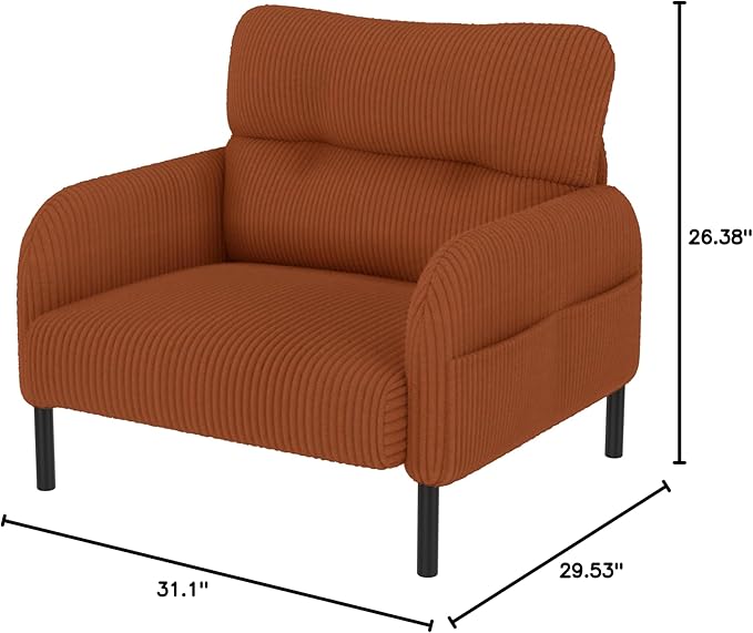 Orange Accent Chair - Corduroy Living Room Chairs with Side Storage Pockets and Durable Legs Comfy Arm Reading Chair with Soft Backrest for Bedroom Balcony Study Room