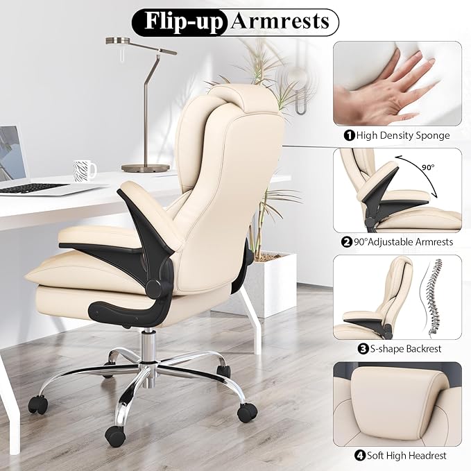 Office Desk Chair Executive Leather Office Chair High Back Ergonomic Home Desk Chair with Padded Flip-up Arms Big and Tall Computer Chair with Rocking Function 360°Swivel Free Beige