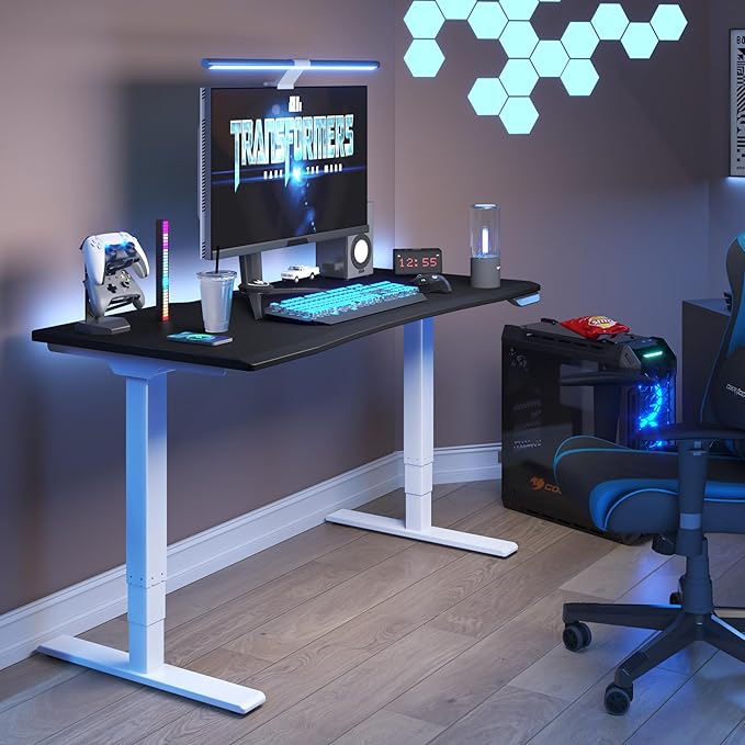 FLEXISPOT E6 Gaming Standing Desk 55x28 in Electric Adjustable Height for MOBA Games Computer Desk for Home Office Gamer with Dual Motors Whole Piece Top (White Frame + Black Top)