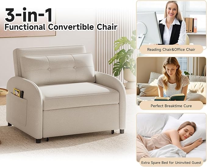 3-in-1 Convertible Sleeper Sofa Bed with Pillow &amp Pocket Loveseat Sleeper Chair in Soft Cotton Linen for Living Room Bedroom Study Apartment Beige