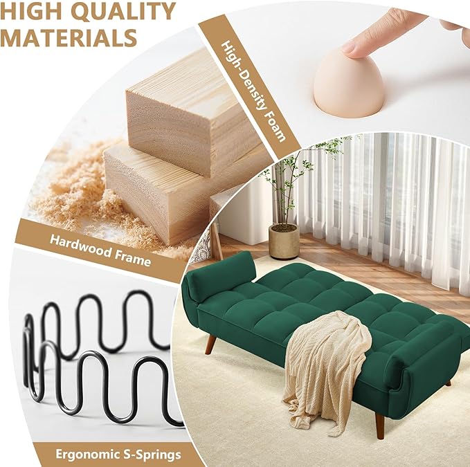 75 Convertible Futon Sofa Bed Sleeper Couch Bed with Adjustable Backrest Small Couches for Small Spaces Living Room Bedroom and Office (Green)