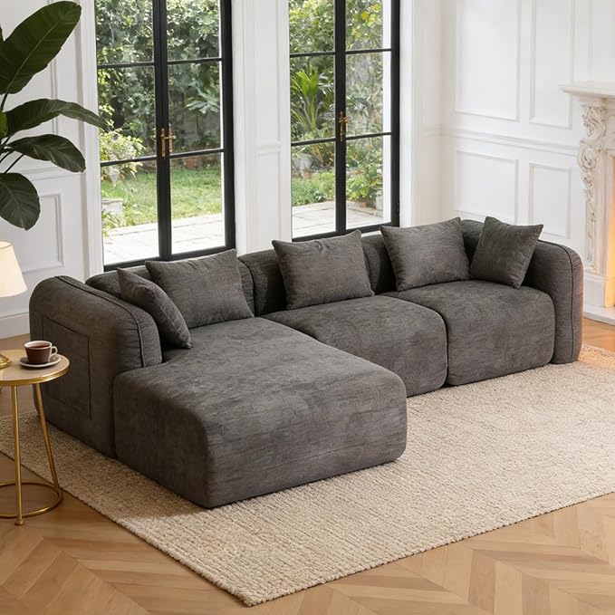 117’’ Chenille Fabric Boneless Couches for Living RoomModular Sectional Cloud Sofa |Fluffy Chenille Deep Seat No-Assembly Memory Foam Comfy Cloud Couch with L-Shaped Chaise (Grey)