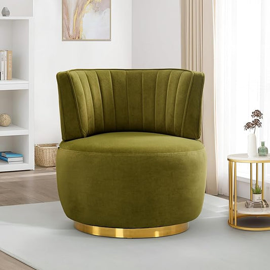SLEERWAY 360° Swivel Barrel Chair Modern Velvet Round Accent Chair Comfy Upholstered Small Armchair with Gold Metal Base for Living Room Bedroom Nursery Office Sillas para Sala Olive Green