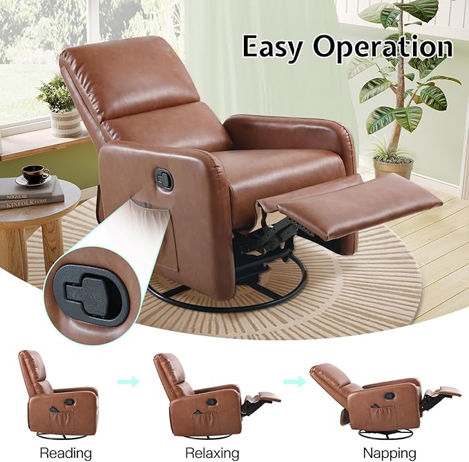 Jocisland Swivel Glider Rocking Recliner Chair for Adults Nursery Rocker Reclining Comfy Upholstered Single Sofa Armchair for Living Room Bedroom Nursing Leather Brown