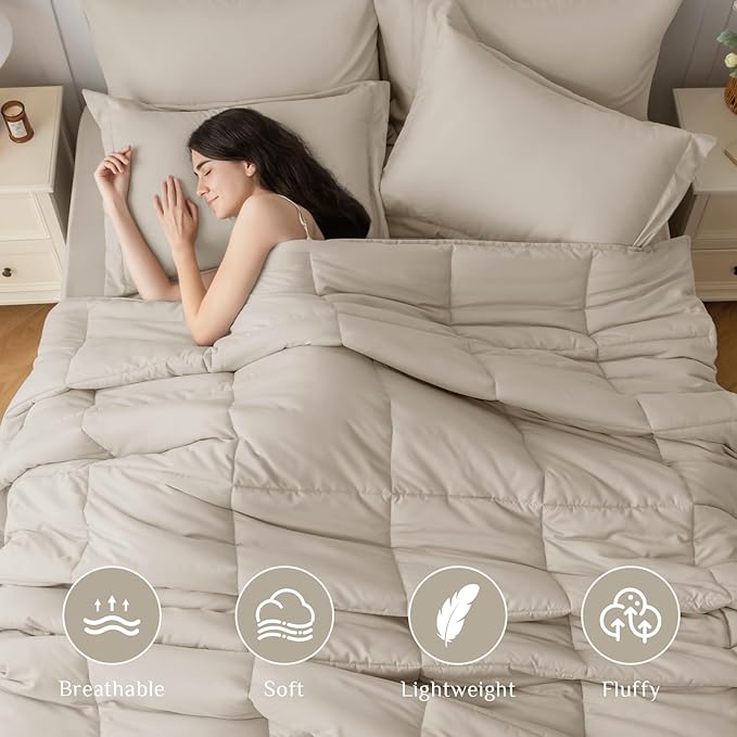 JOLLYVOGUE Queen Comforter Set Ultra-Soft Bed in a Bag Queen Size 7 Pieces Oeko-TEX Certified Bedding Set with Down Alternative Comforter Sheets Pillowcases &amp Shams Oatmeal