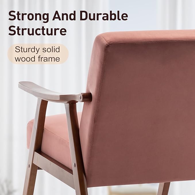 Mid Century Modern Accent Chairs with Solid Wood Frame Comfortable Accent Chair with Arms for Living Room or Bedroom Pink