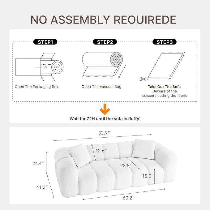 84 Boneless Couch No Assembly Required Loveseat Sofa Modern Deep Seat Cloud Couch Modern Compressed Sofa Oversized Upholstered 3-Seater for Living Room Bedroom