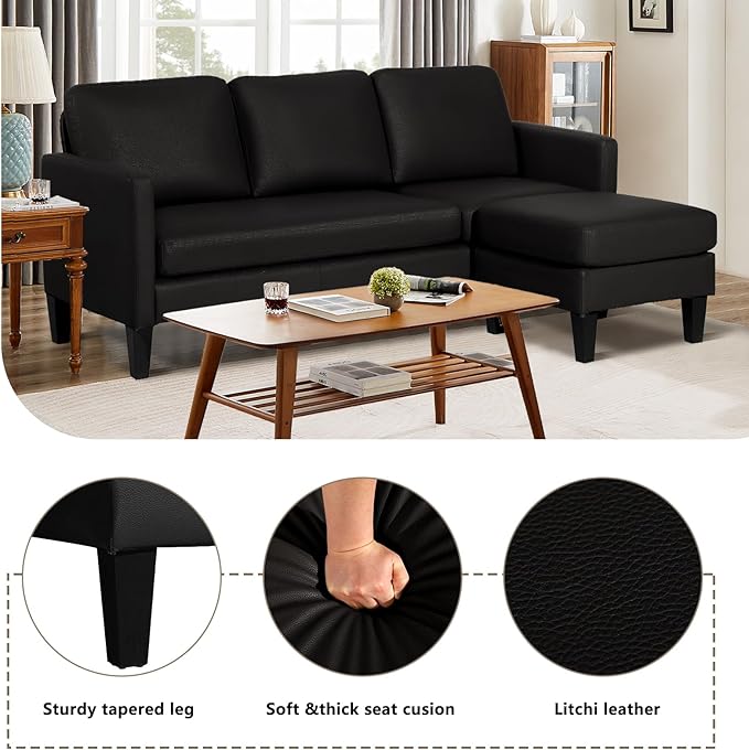 LEISU L Shaped Leather Sectional Sofa with Chaise for Small SpaceLiving Rooms Convertible CouchModern Modular Furniture Sets Suitable for HomeApartmentsDormBonus Living Room(Black)