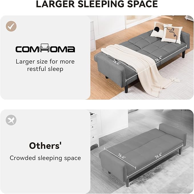 COMHOMA 76 inch Futon Sofa Bed Mid Century Modern Futon Couch with Adjustable Backrest Fabric Convertible Sofa Cama Folding Sleeper Sofa for Living Room Bedroom Dark Gray