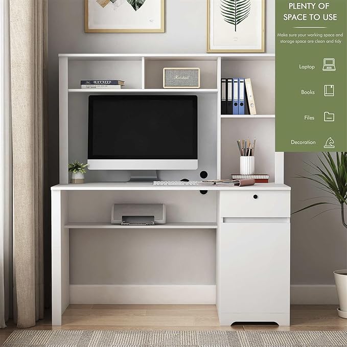 VERYKE Home Office DeskComputer Desk with Hutch and DrawerWriting Desk with 3 AC OutletModern Office Desk with 2 USB Charging Ports for Study RoomLiving Room (White)