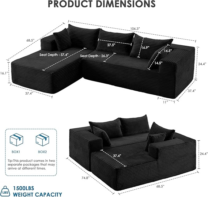 107 Cloud Couch Modular Sectional L Shaped Couch with Chaise Deep Seat Sofa Fluffy Corduroy Couches Boneless Couch for Living Room Black Left Facing Chaise