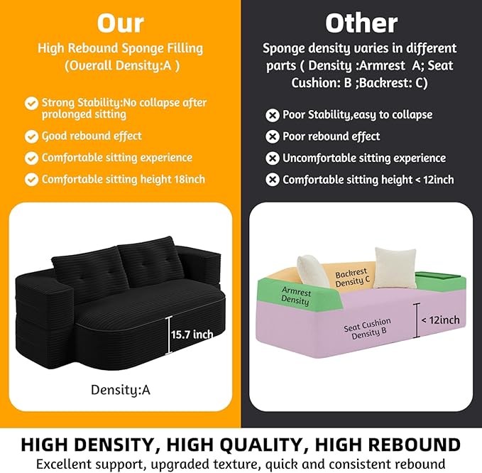 78.7 Full Size Memory Foam CouchPlush Corduroy SofaFloor Sofa Bed with Multi Functional Blanket2 in 1Convertible Folding Sofa Bed for Living Room OfficesNo Assembly Required (Black)