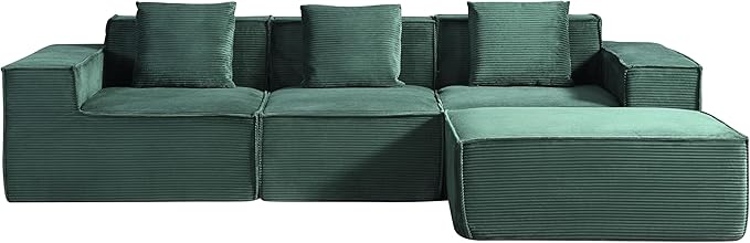 Rowan Convertible Corduroy Sectional Couch with Ottoman &amp Pillows Modular L Shaped Sleeper Sofa Boneless Cloud Couch for Living Room Furniture Dark Green