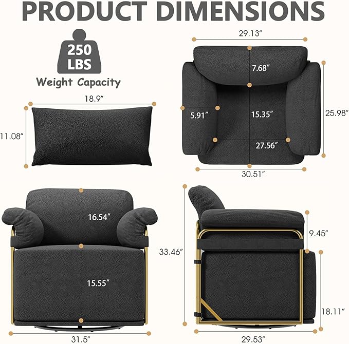 Swivel Accent Chairs 360 Swivel arm Chairs for Bedroom Club Chair with Back Gold Frame Tall Base for Office and Living Room (Black)