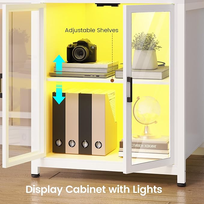 SEDETA 78.7” Large Gaming Computer Desk with Storage Drawers Reversible L Shaped Office Desk with Display Cabinet and Power Outlet Corner Gaming Desk with LED Lights for Home Office White