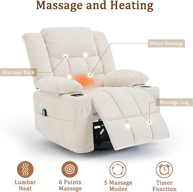 360° Swivel Rocker Recliner for Adults Nursery Glider Recliner with Massage and Heating Rocking Chair with Cup Holder Manual Recliner Chair for Living Room Bedroom (Fabric Beige)