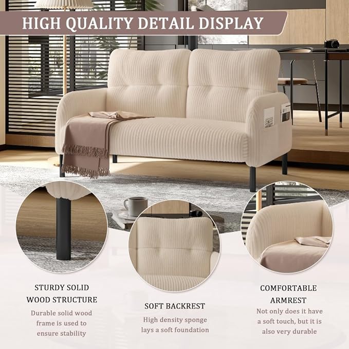 48 Small Loveseat Sofa for Small Space Corduroy Love Seat Couches with Black LegsComfy Couchs for Living Room Bedroom Apartment OfficeMid Century Modern Couch (Beige)