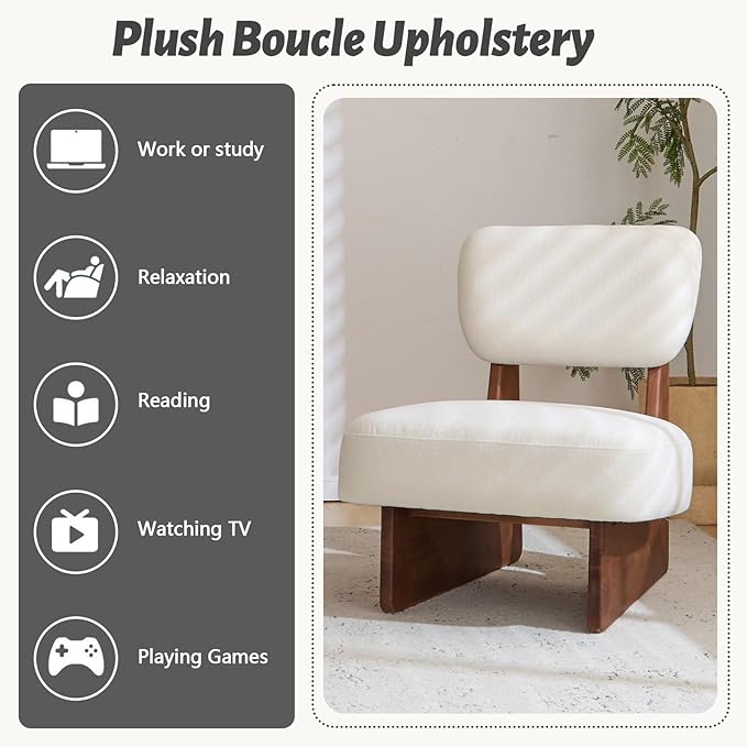 White Accent Chair Set of 2 for Small Spaces Armless Accent Chair for Bedroom Side Chairs &amp Comfy Chairs for Living Room Wood Base Comfy Cushion Bedroom Office (Walnut+White)