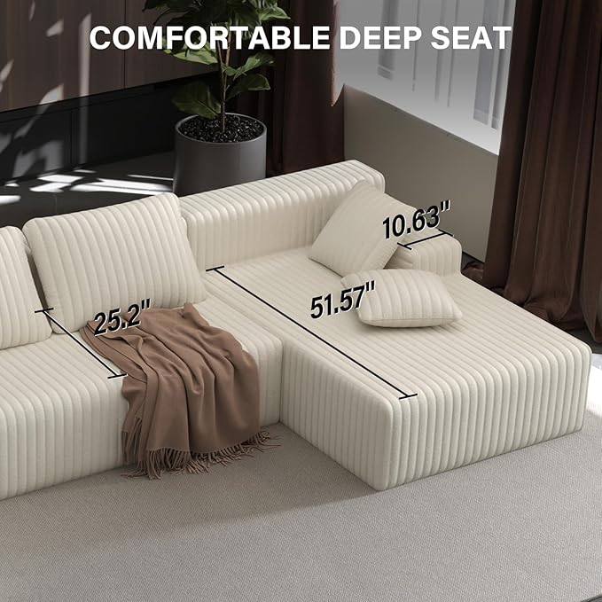 LAUSAINT HOME 132 Modular Sectional Sofa Couches U-Shaped Boneless Cloud Sofa with 4 Deep Seat 6 Cushiones Oversized Chaise for Living Room Bedroom Plush Corduroy Fabric (U Shaped Sofa Beige)