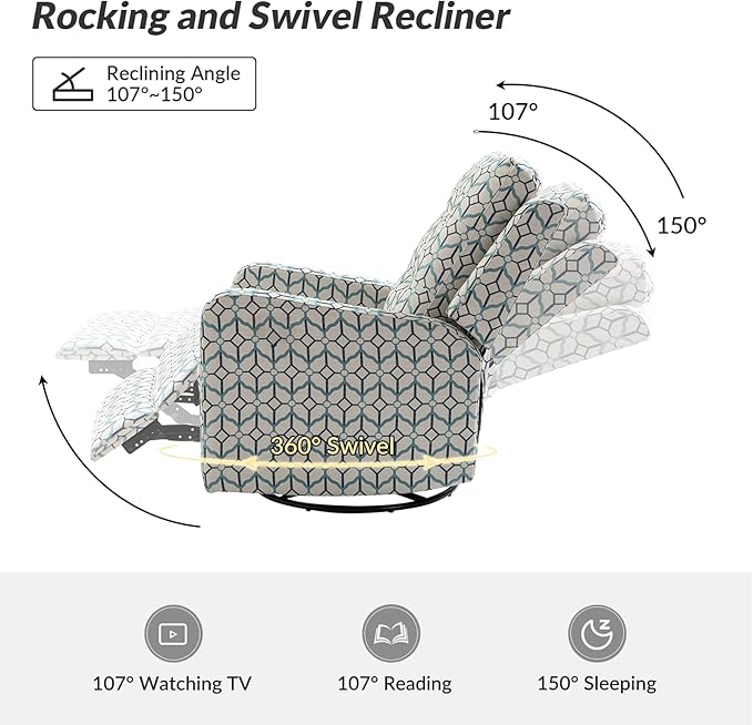 HULALA Home Recliner Chair Modern Printed Fabric for Living Room Wingback Rocker Recliner Sofa Comfy Armchair 360 Degree Swivel Nursery Rocking Chairs with Adjustable Backrest &amp Footrest/Ivory