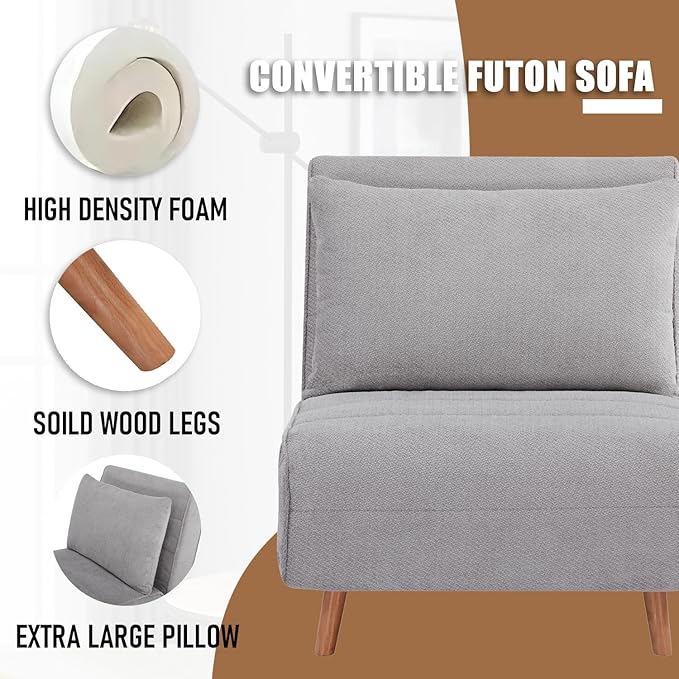 3 in 1 Sleeper Chair Bed Foldable Convertible Chair with Thickened Cushion and Sponge OTE Chenille Fabric Adjustable Backrest Upholstered Accent Chair for Apartment/Bedroom/Office - Light Gray