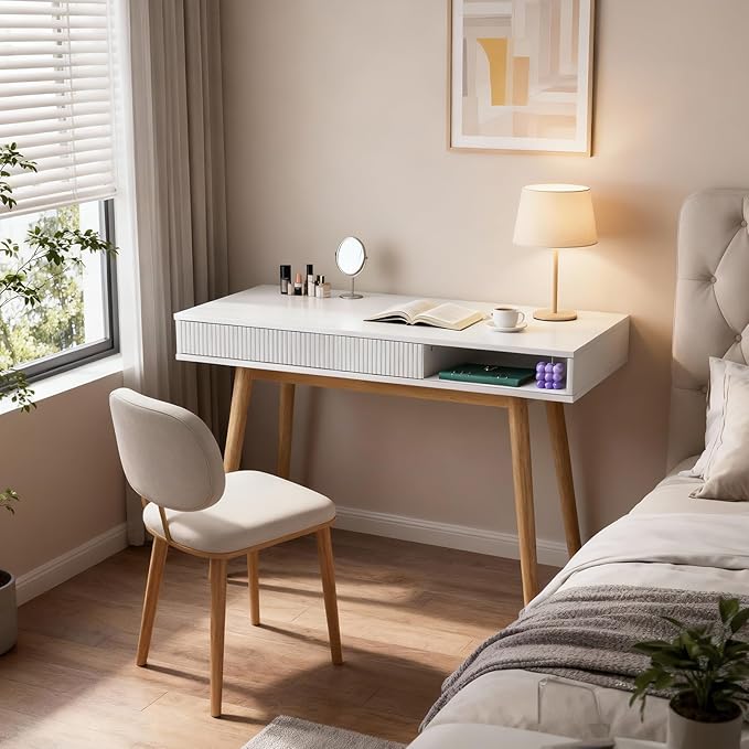 Artswish 42 Wood Modern Office Desk with Drawer Simple Writing Desk for Home White