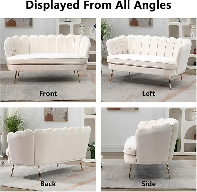 Anwick 59 Small Modern Chenille Loveseat Sofa 2-Seater Sofa with Gold Metal Legs Small Couch with Flower Shaped Back for Living Room Bedroom Office (Beige)