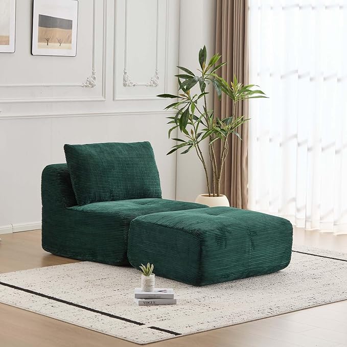 Single Chaise Longuewith Movable Ottoman Memory Foam Compressed Sofa with Pillows Soft Corduroy for Living Room (Green 1 Seat)