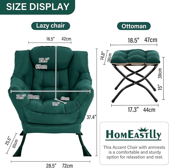 Lazy Chair with Ottoman Large Dark Green Accent Chair with Ottoman Comfy Reading Armchair Leisure Sofa Chair for Living Room Bedroom Dorm Room Office