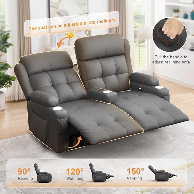 Reclining Loveseat 55.1 RV PU Leather Wall Hugger Recliner Love Seats Sofa with Charging Station Removable Armrest Cup Holder Double Recliners Couch Manual Love Seat for Living Room