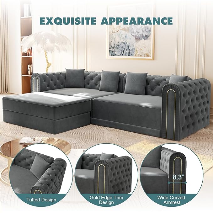 Polibi 90.6 3-in-1 Convertible Sleeper Sofa Bed Velvet Tufted Modern 3-Seater Couch with Movable Ottoman &amp Gold Trim King Size Sleeper for Living Room Apartment Dark Grey