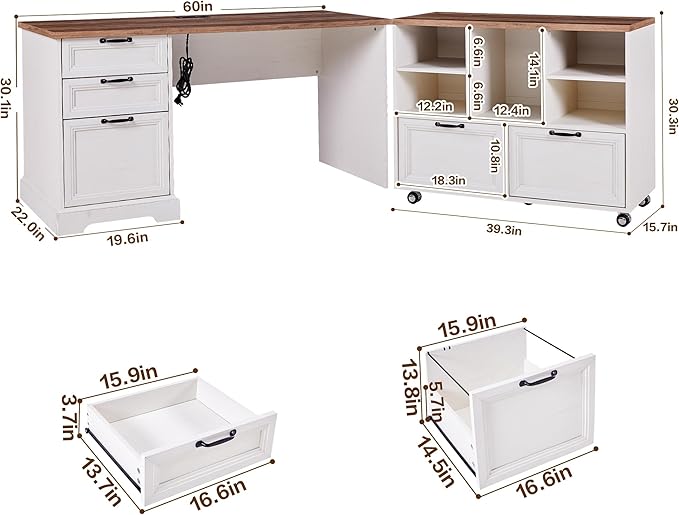 60L-Shaped Executive Desk with 40Adjustable File CabinetFarmhouse Home Office Desk with Charging StationOffice Desk with Storage DrawersWood Computer Desk Set for Office WorkHome Study